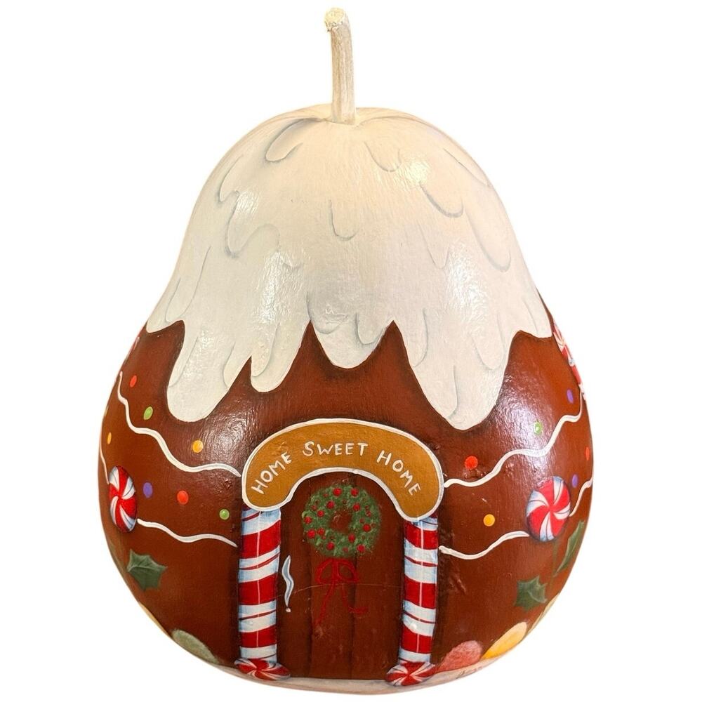 Hand Painted Gingerbread House Gourd Christmas Decor Home Sweet Home Folk Art